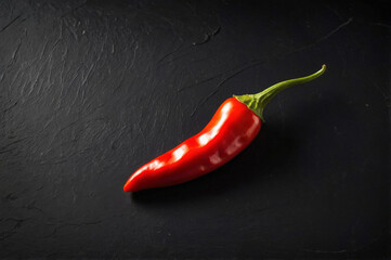 Chili pepper resting on black surface accentuates bold chili contrast. Glossy red skin and curved stem highlight fresh spice, inviting culinary creativity and minimalistic presentation