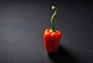 Bright pepper standing upright on dark slate showcases pepper vibrancy. Smooth texture and striking color invite creative kitchen uses, celebrating fresh produce in simple elegance