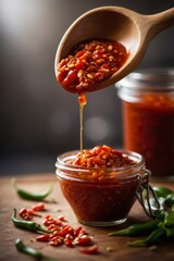 Vibrant chili spread poured from wooden spoon emphasizes spread excitement for bold palates. Fiery color and visible pepper seeds promise intense flavor in every daring spoonful