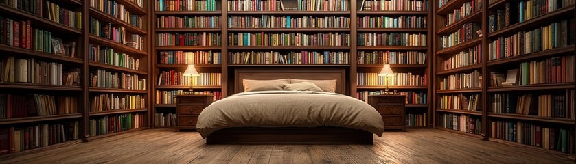 Cozy bedroom surrounded by shelves full of books.