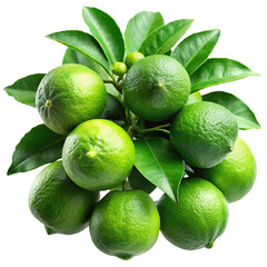 Lime Fruit Cluster with Green Leaves - PNG - High-resolution PNG image featuring a cluster of fresh green limes still attached to the branch with vibrant leaves, isolated on a transparent background.