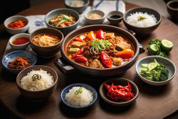 Sizzling stew loaded with peppers, tofu, and veggies forms savory centerpiece. Surrounding bowls of rice, banchan, and dipping sauces reflect dynamic flavors and cherished korean mealtime