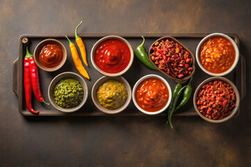 Assorted chili sauces and dips arranged in small bowls with peppers on tray emphasize spicy variety. Colorful beans, tangy tomato blends, and savory aromas awaken taste buds