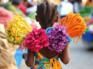 Haiti child - Cultural Immersion: Dress the child in traditional Haitian attire and photograph them exploring local markets, with colorful produce and textiles creating a dynamic, vibrant scene.