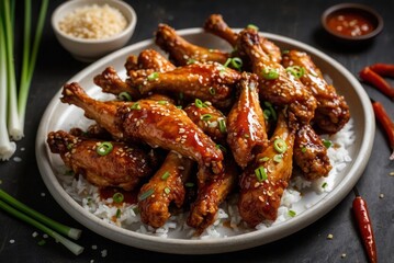 Crispy wings coated in tangy sauce sit temptingly on white plate, offering bold combination of sweet glaze and subtle heat. Garnish of chopped onion elevates overall presentation