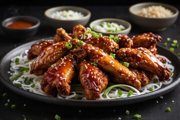 Crispy wings coated in glossy sauce shine on dark plate, capturing attention with sweet marinade aroma. Garnish of fresh onions completes tempting look for fans of succulent poultry