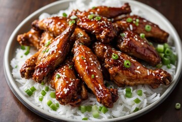 Glazed chicken wings arranged on white plate feature shiny coating and savory aroma. Sesame seeds and green onion add crunchy contrast, satisfying cravings for sweet, sticky flavors