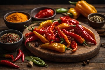 Colorful chili arranged on round board highlights chili intensity and rustic charm. Warm reds and yellows sparkle alongside spices, drawing attention from curious culinary enthusiasts