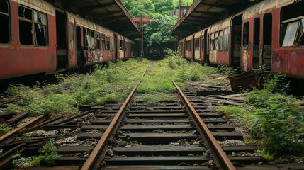 Abandoned train tracks overgrown with vegetation