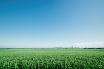 Obraz premium tranquil rural landscape with green fields juxtaposed against distant urban skyline under clear blue sky showcasing