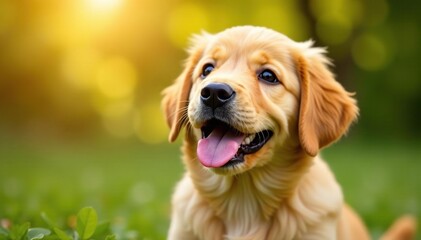 Golden retriever puppy looks up expectantly, tongue slightly out , golden retriever, playful