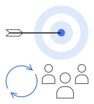 Arrow hitting bullseye symbolizes goals and precision. Circular arrows suggest collaboration and workflow. Group icons represent teamwork and people operations. Ideal for project management, goal