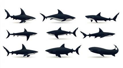 Obraz premium Shark silhouettes, various angles, white background