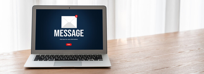 Email notification message showing on computer screen snugly. Digital marketing message information text from business to customer client