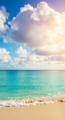 Fototapeta premium Scenic tropical beach panorama with turquoise ocean water and fluffy clouds
