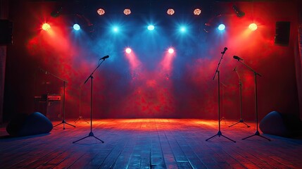 Empty Music Concert Stage PNG: A PNG image of an empty concert stage, with lights, microphone stands, and instruments, perfect for music-theme