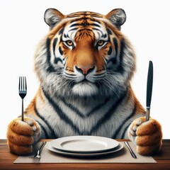 A Tiger with Dining Etiquette: Realistic Animal Ready to Eat Dinner