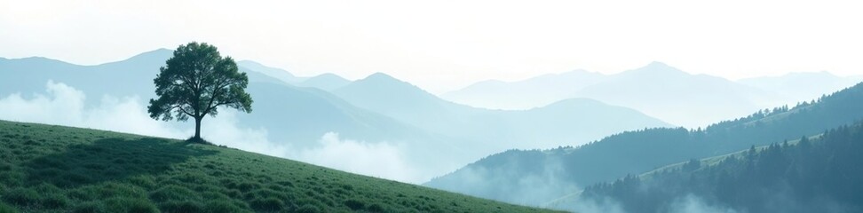 Fototapeta premium Misty mountain landscape with a single tree isolated on white background, mist, clouds, hills