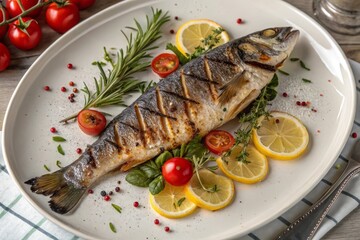 Grilled Fish Dish with Garnishes on Checkered and vegetables