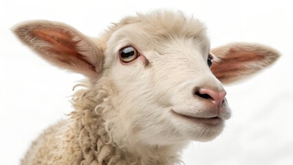 Fototapeta premium A close-up portrait of a young lamb against a bright white background.