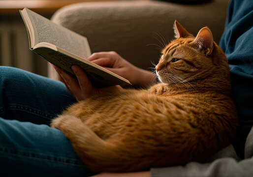 a cat sitting cozily on the lap of the owner while reading a book