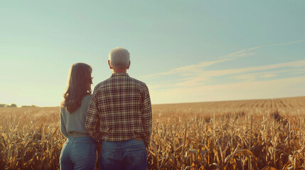 Man and child looking over a lush cornfield at sunset.