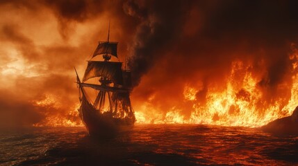 Burning ship at sea in fiery storm