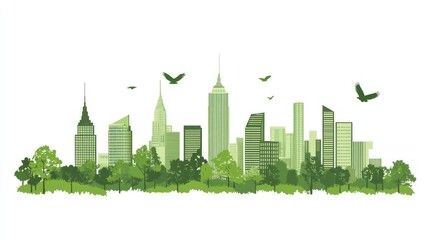 Fototapeta premium Green cityscape with trees and birds; environmentally friendly urban setting; background use