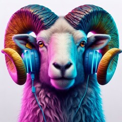 Portrait of a Fashionable Ram with Headphones and Vibrant Neon Lighting