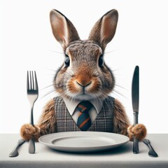 Anthropomorphic rabbit businessman ready for dinner with utensils and plate