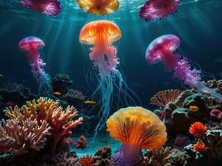 Obraz premium Vibrant jellyfish swim above coral reef, sunbeams