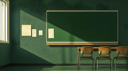 Sunlit Empty Classroom With Green Walls