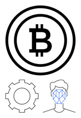 Bitcoin symbol in bold circle, gear icon below, and facial recognition outline on human figure. Ideal for cryptocurrency, technology, blockchain, security, AI innovation, fintech digital identity
