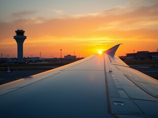 Fototapeta premium Airplane wing at sunset, with an airport control tower silhouetted in the distance