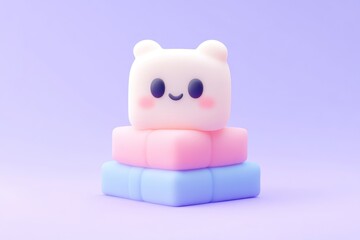 Cute, pastel-colored, 3D rendered, stackable, cartoon character.  Fluffy, smiling, animal-like, blocky shape, minimalist design