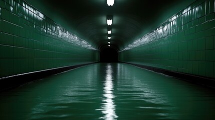 Dark, flooded tunnel with green tile walls