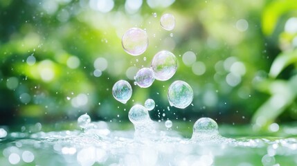 Obraz premium Colorful soap bubbles popping in water, vibrant green background