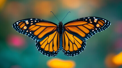 Naklejka premium A Monarch butterfly in mid-flight with a blurred natural background
