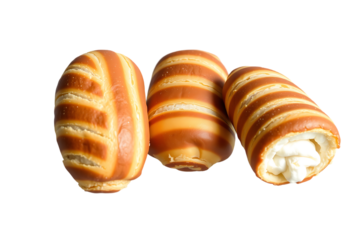 Three brown striped wafer rolls isolated on transparent background