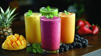 "Exotic fruit smoothies blending tropical favorites like pineapple, coconut, and mango into a refreshing treat. -