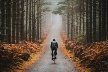Obraz premium Cyclist on a Foggy Forest Path in Autumn