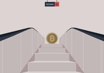 A metaphorical depiction of a currency coin on a white escalator going downward, conveying the notion of economic downturn through minimalistic art and a clear directional sign