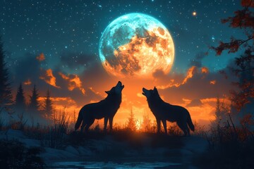 Wolves howling moonlit forest night sky artwork