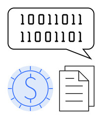 Binary code in a speech bubble, a digital currency coin with a dollar symbol, and papers suggest communication, blockchain finance, documentation, and technology. Ideal for fintech, coding, money