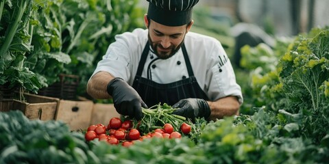 Chef in an organic garden surrounded by freshly picked tomatoes, emphasizing the importance of local and sustainable ingredients for healthy, delicious meals.