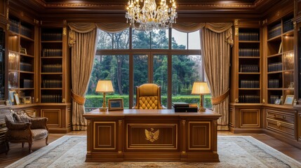 Luxurious wooden library office with garden view