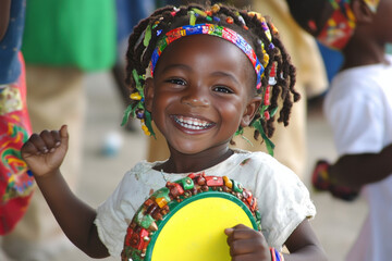 Haiti child - Festive Energy: If there's a local festival or celebration, photograph the child engaged with the lively atmosphere--dancing, smiling, or holding a vibrant accessory like a handcrafted t