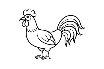 Line art vector illustration of a rooster standing proudly with a curved tail and a large comb on its head.eps