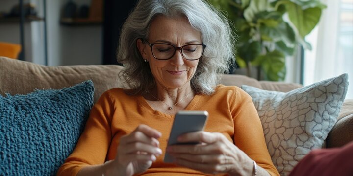 Middle-aged woman wearing glasses focused on cell phone, in comfortable home setting.