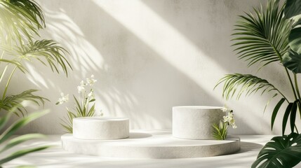 Minimalist, light-filled display podiums with tropical plants